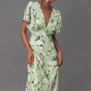 BHLDN Leila Deep-V Flutter-Sleeve Satin A-Line Gown